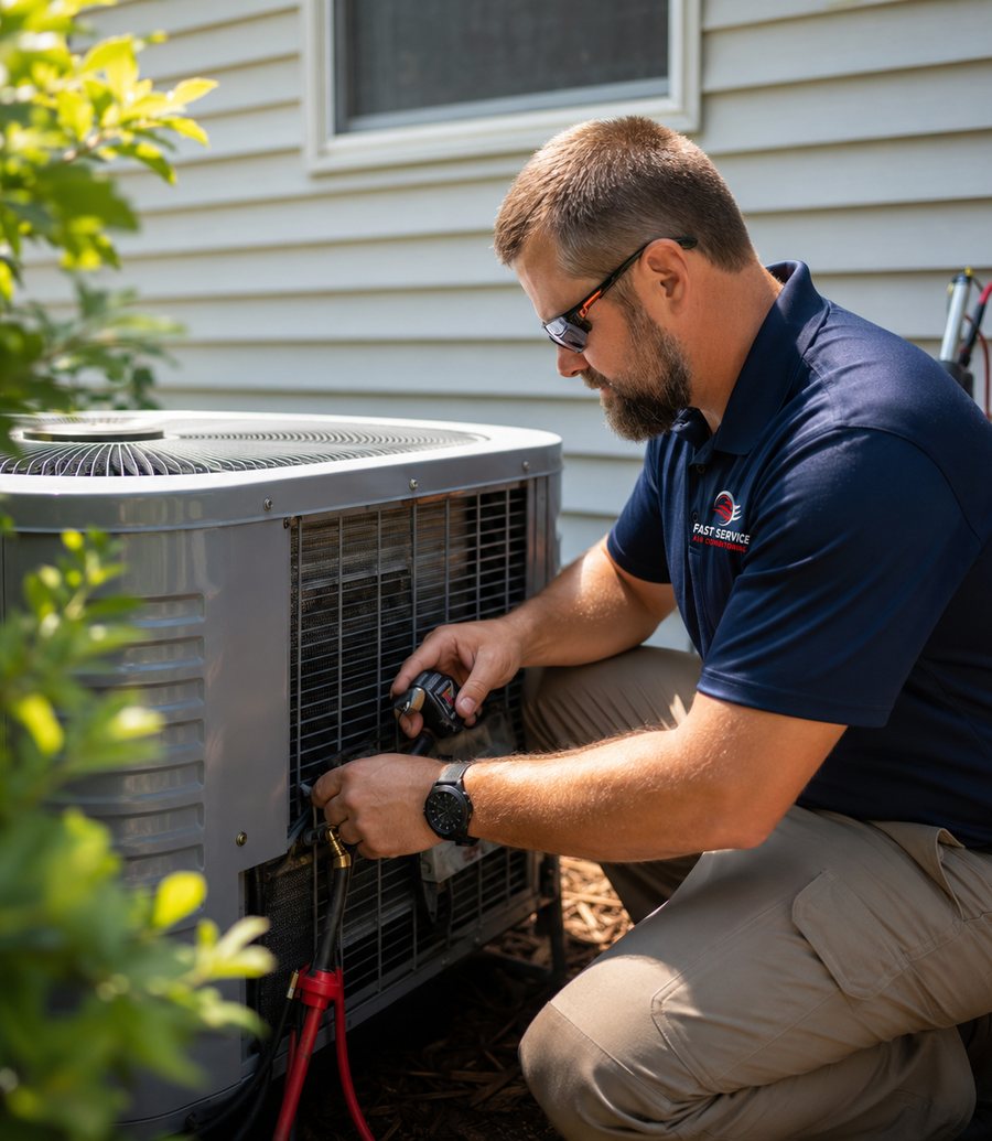 A Fast Service technician working on an outdoor condenser